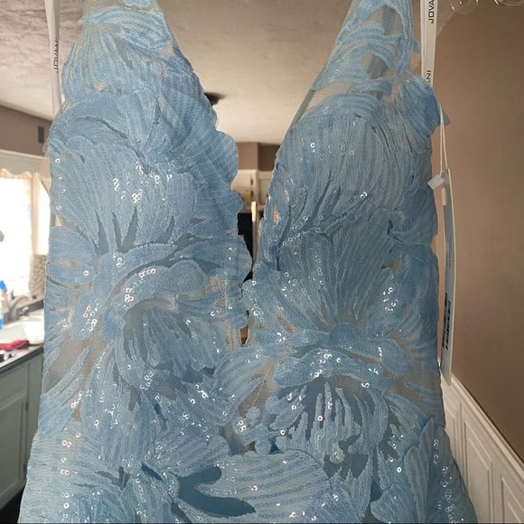 Jovani 60283 prom gown. Beautiful baby blue floral lace with sequins. - Picture 3 of 8